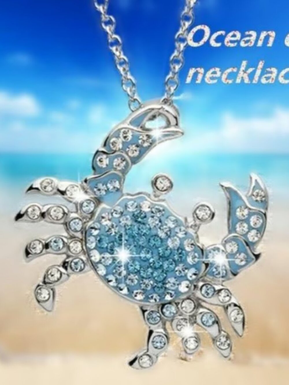 Silver and Marine Rhinestone Ocean Crab Necklace
